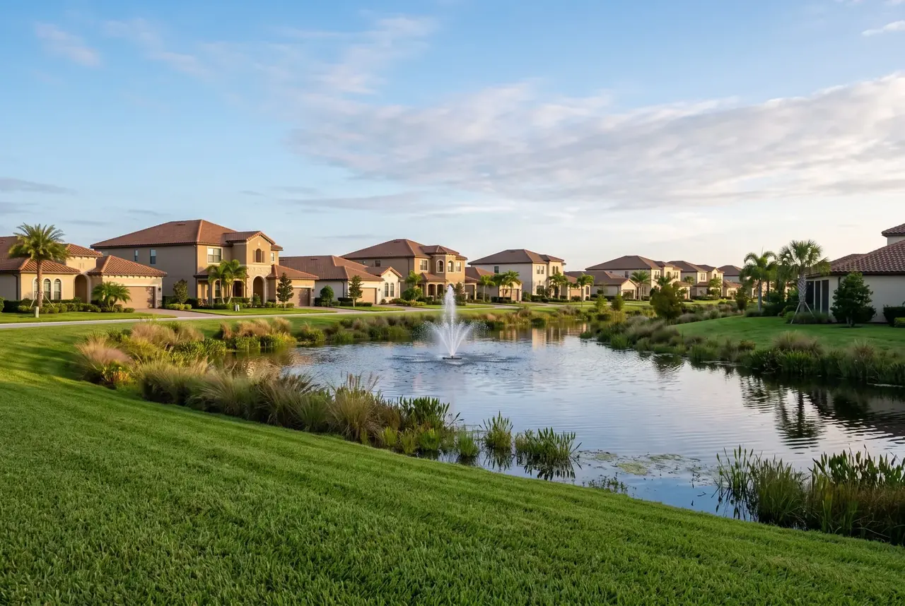 Mowed lawn sloping toward a neighborhood pond