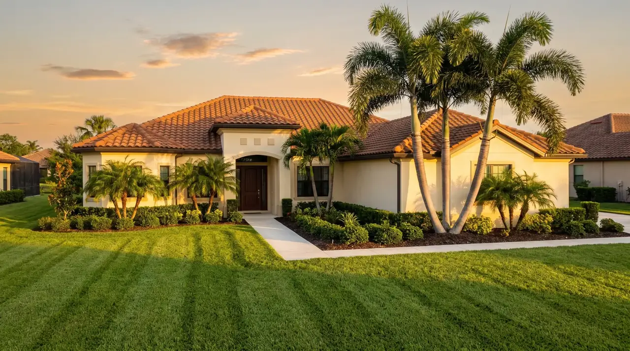 Single-story home with palms and a green lawn in warm daylight