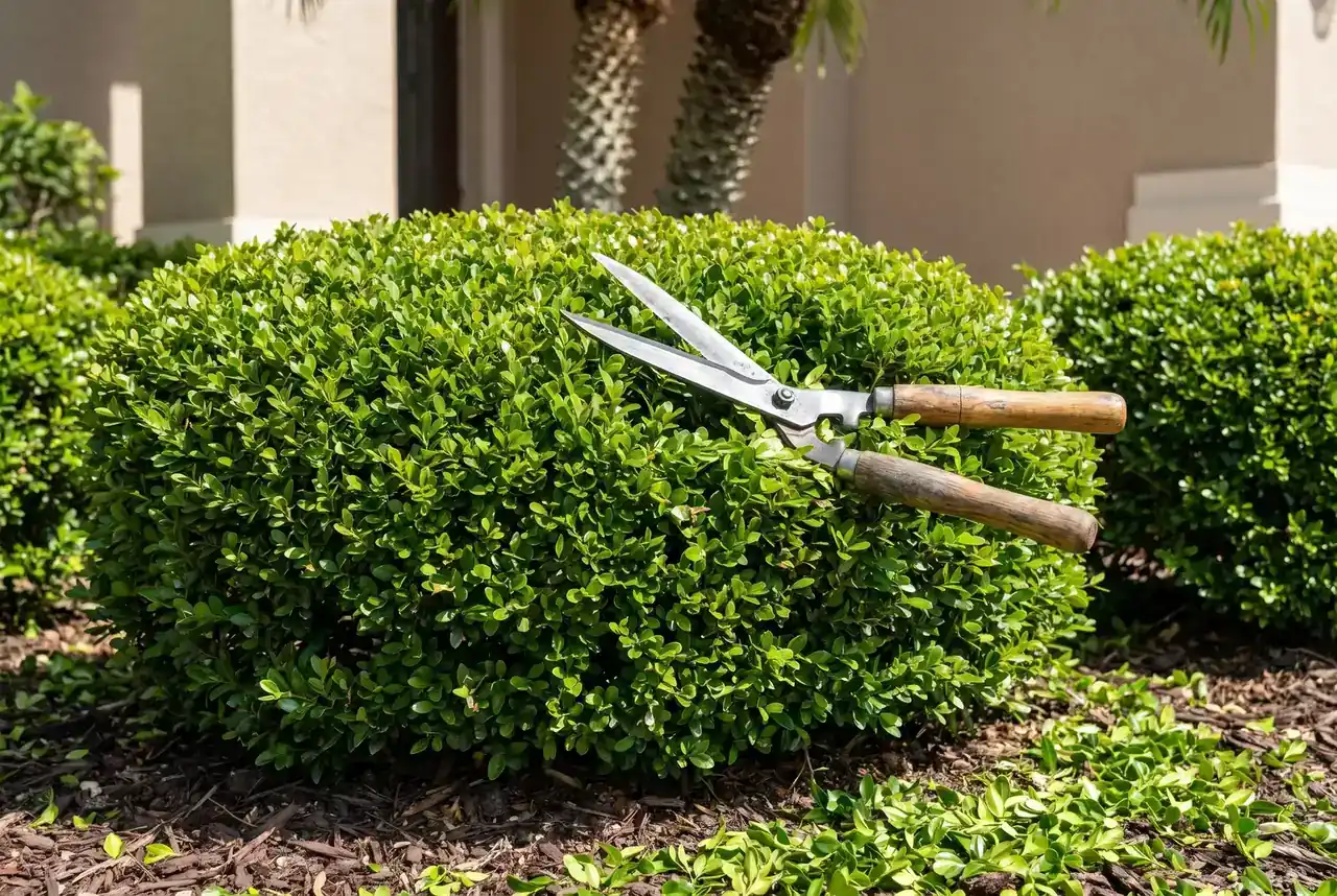 Trimmed hedge with shears resting on top