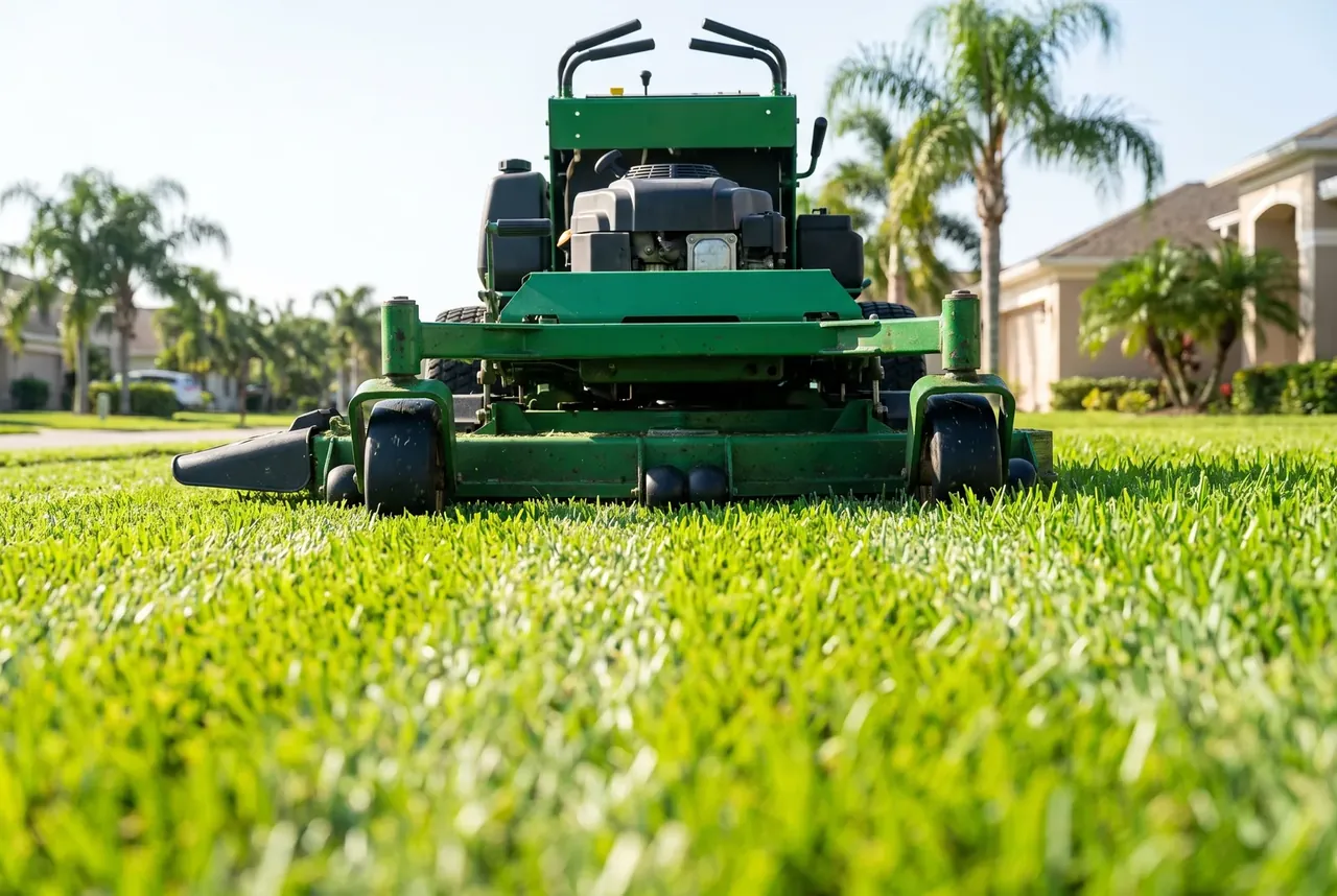 Mower cutting a green lawn