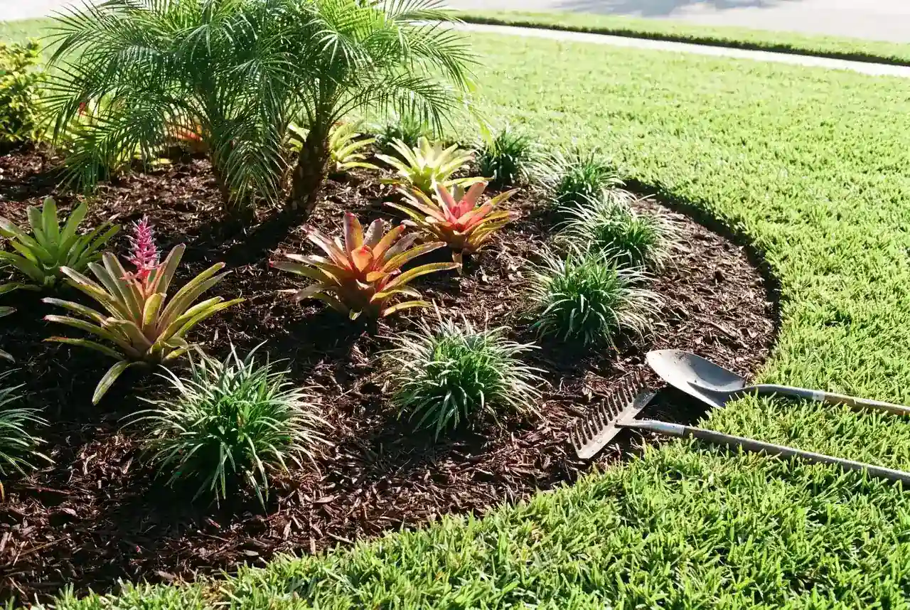 Fresh mulch in a planted bed beside a lawn