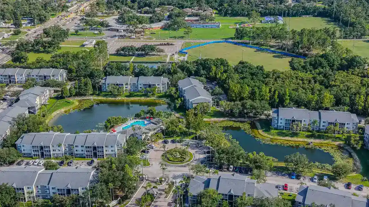 Wide aerial view of a suburban neighborhood